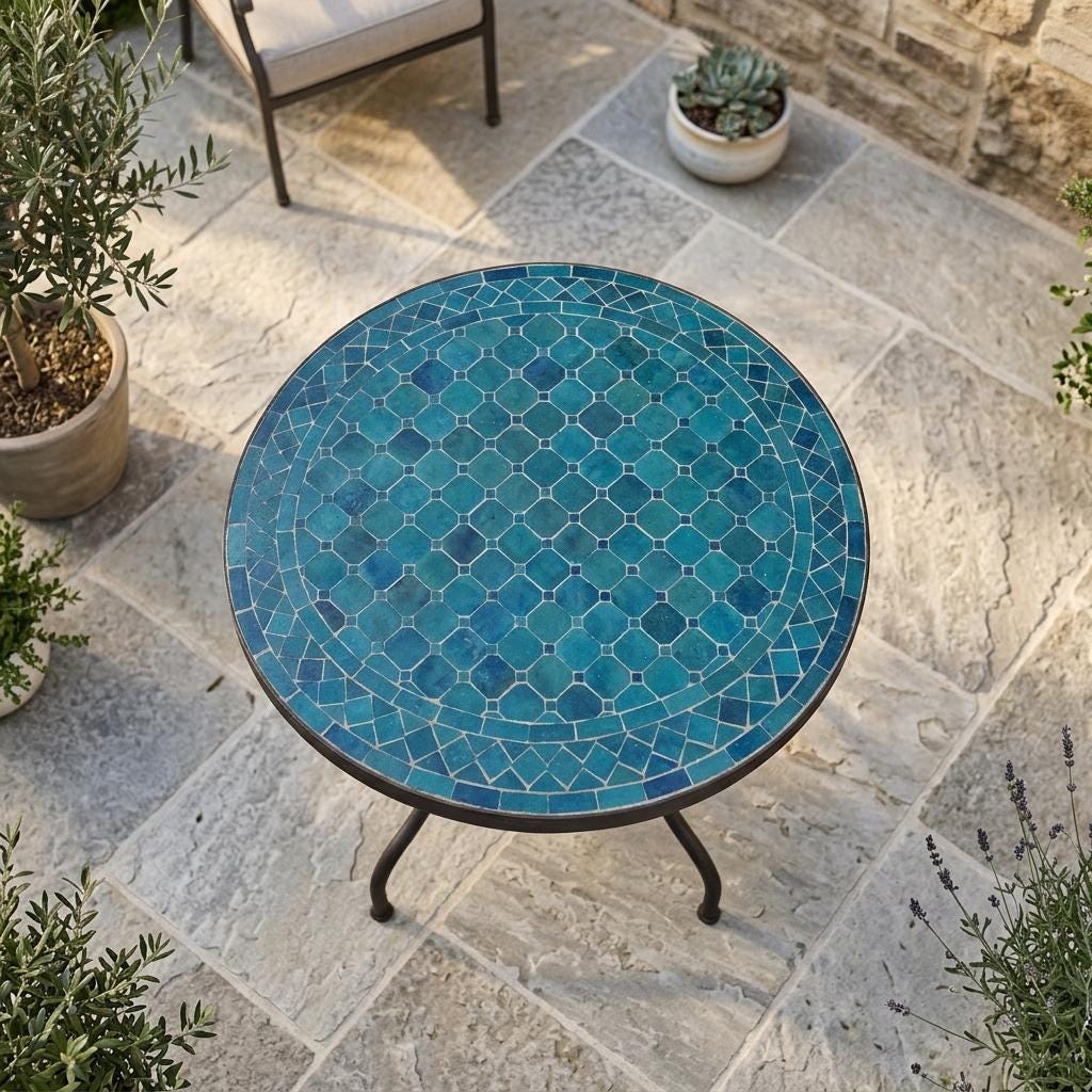 Moroccan Mosaic Side Table Hand Zellige Tile Top, 12–48In IronBase