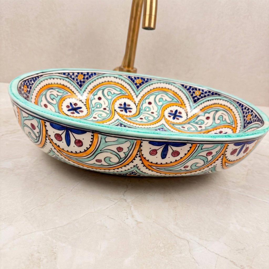 Moroccan Ceramic Vessel Sink, Oval Gloss Basin, Fes Made To Order