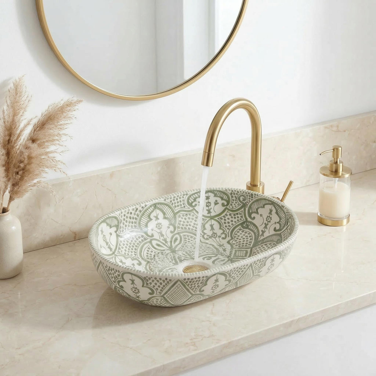 moroccan ceramic vessel sink, Sage Oval Handmade 38cm Brass Drain