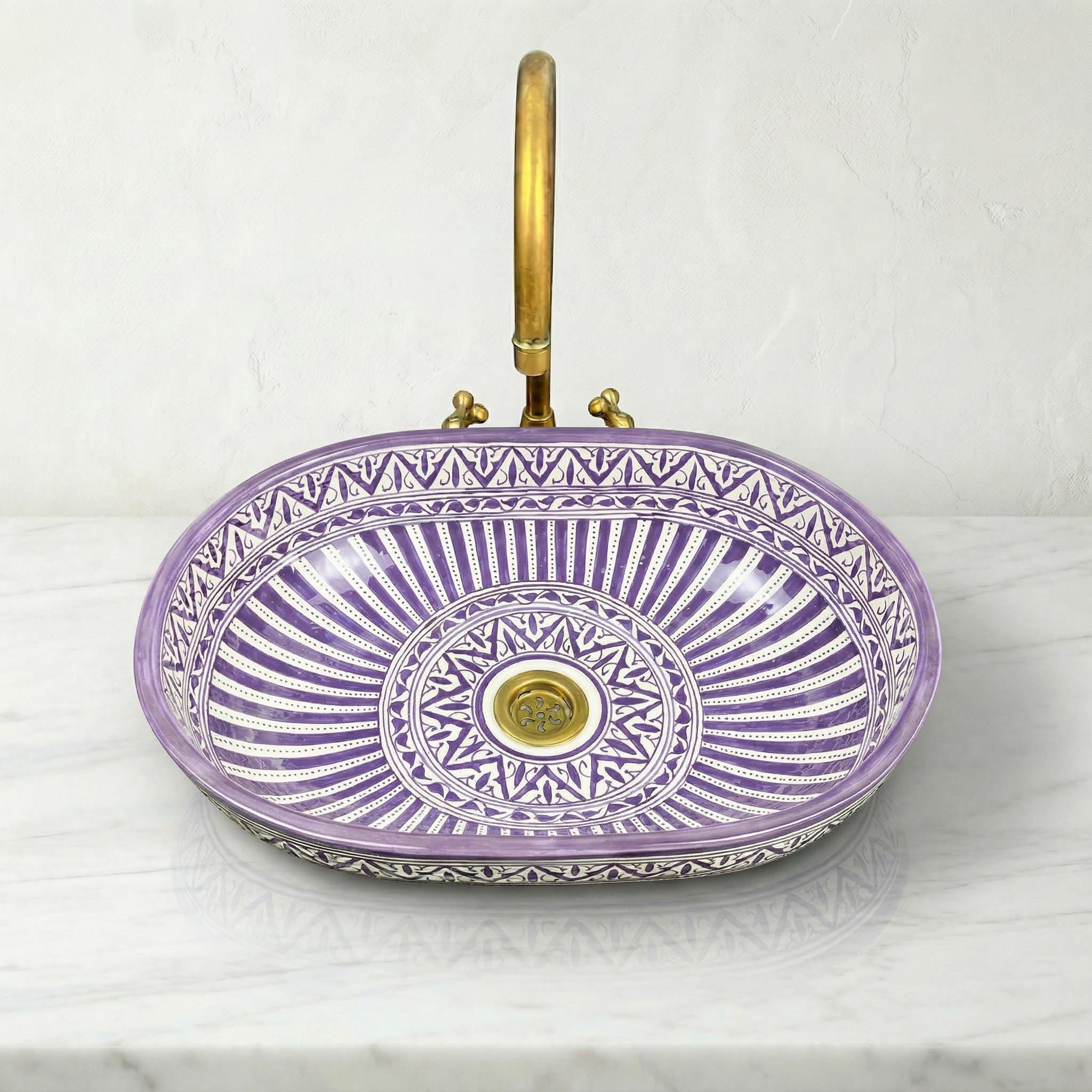 Moroccan Ceramic Sink, Oval Porcelain Basin 40cm With Brass Drain
