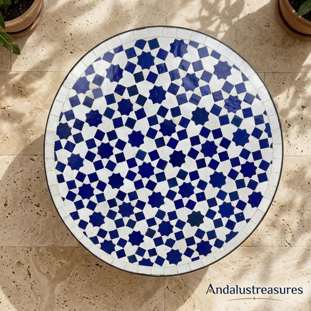 Mosaic Side Table, Zellige Tile Top, Powder-Coated Hairpin Bases.