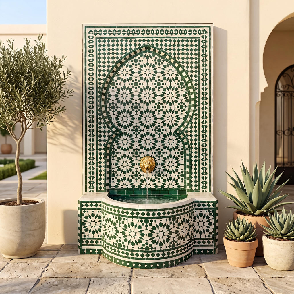 a decorative fountain with a green and white tile pattern, surrounded by potted plants and a building with arched windows.