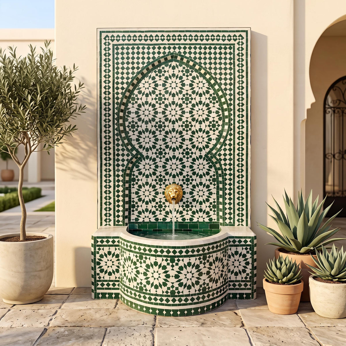 a decorative fountain with a green and white tile pattern, surrounded by potted plants and a building with arched windows.