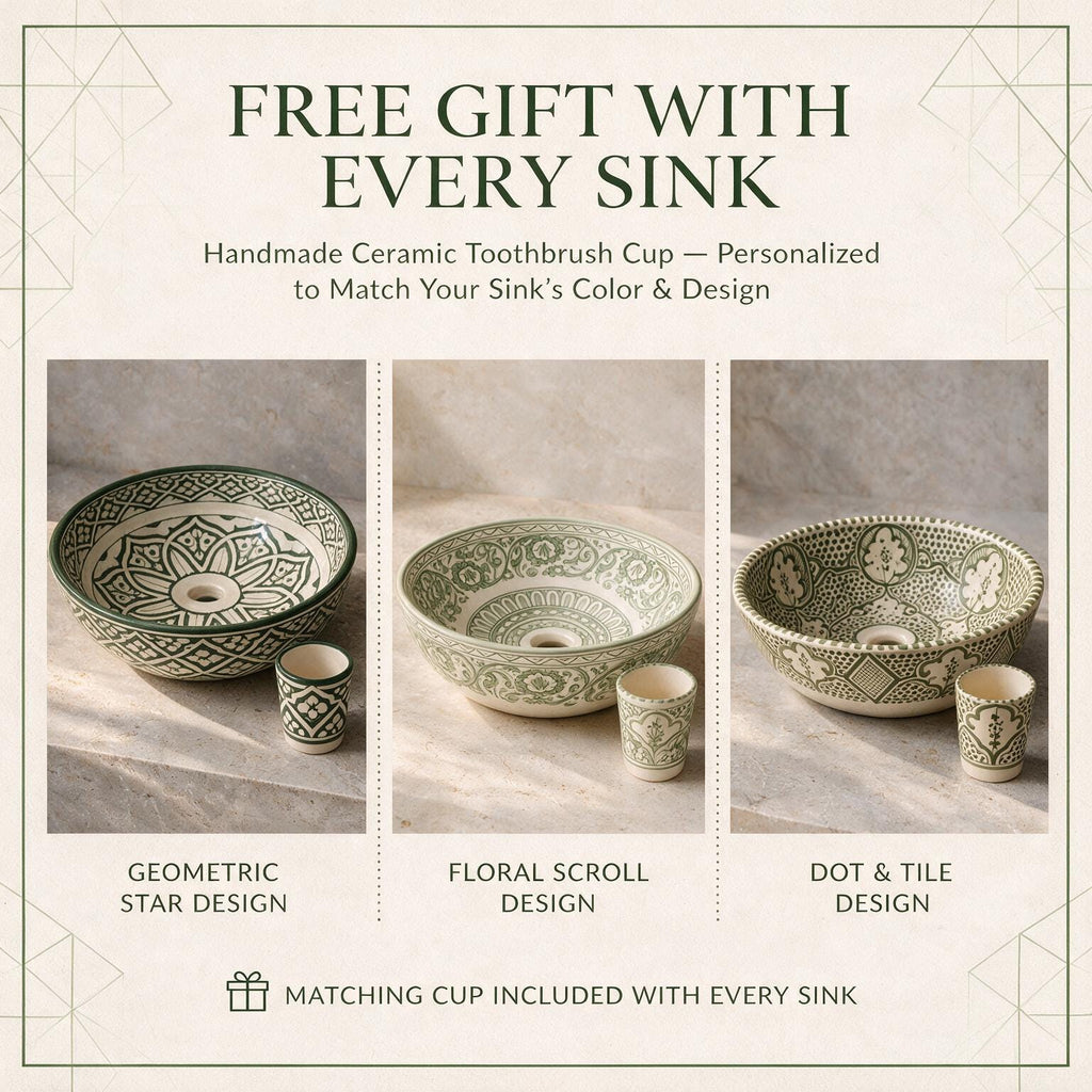 Sage Green Vessel Sink, Hand-Painted Ceramic Marble Finish, 8" Dia