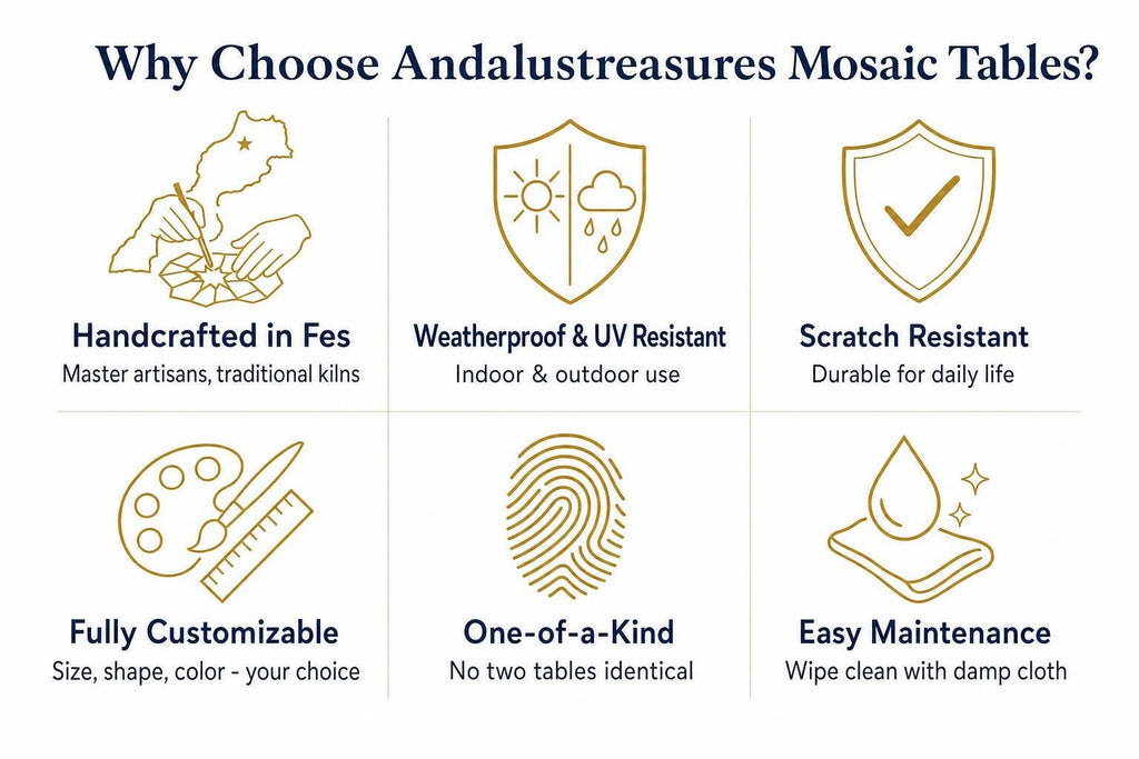 The image is a visual representation of the benefits of choosing and using mosaic tables, featuring six different types of mosaic tables with corresponding benefits.