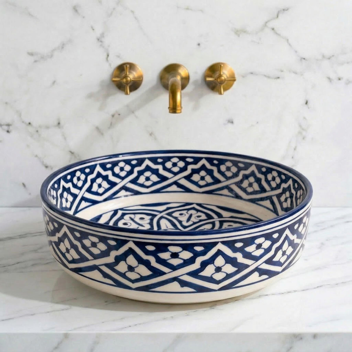 Ceramic Vessel Sink, Moroccan Hand-Painted Sage Green Basin, 12".