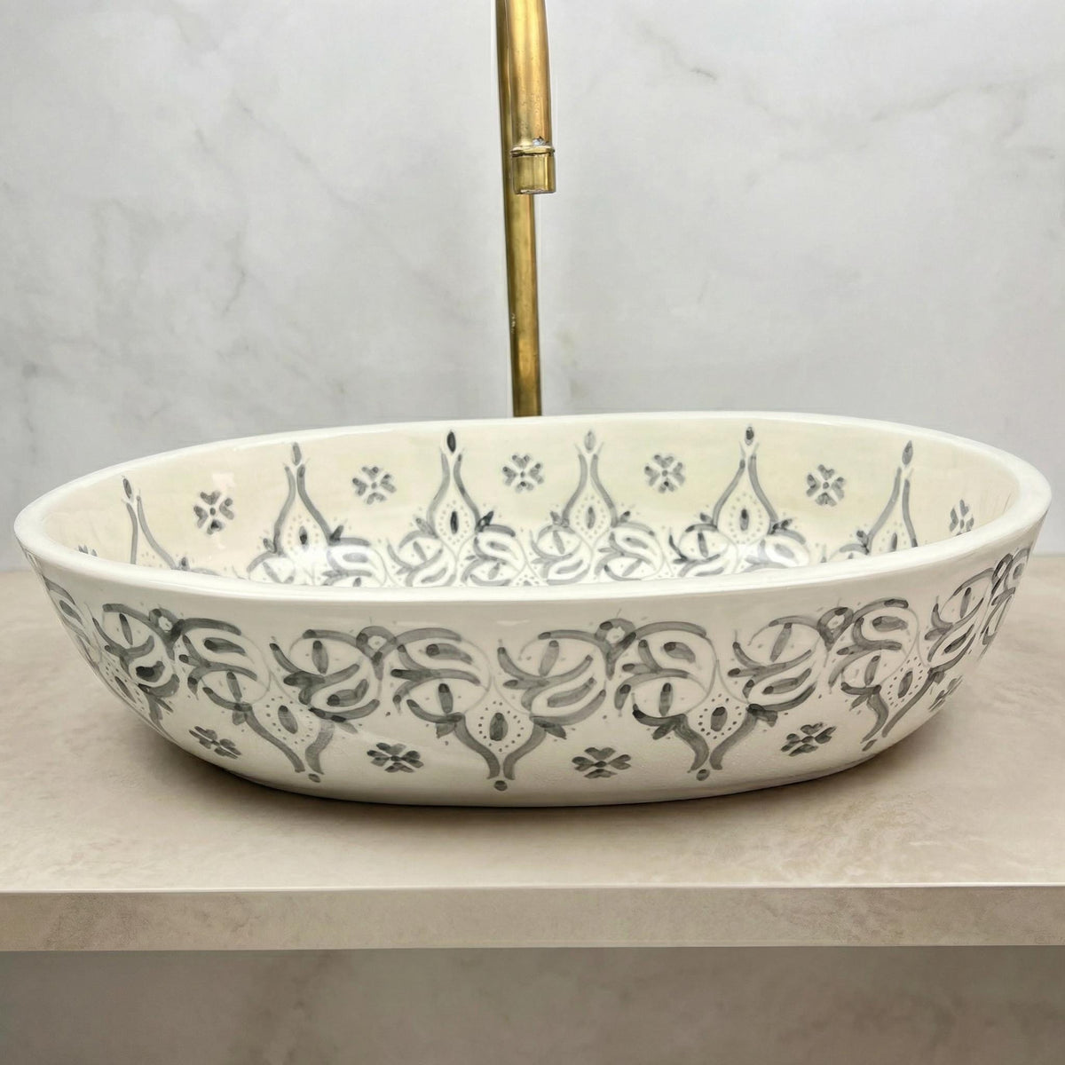 Ceramic Vessel Sink' Navy Oval Hand-Painted Fes, 40cm Small Vanity