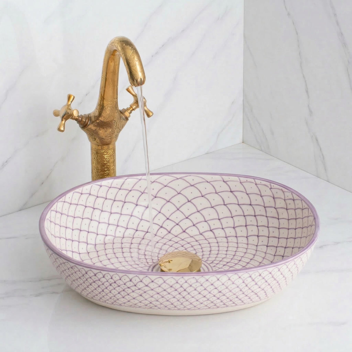 Moroccan Vessel Sink, Hand-Painted Green Oval Porcelain, 32-48 Cm.