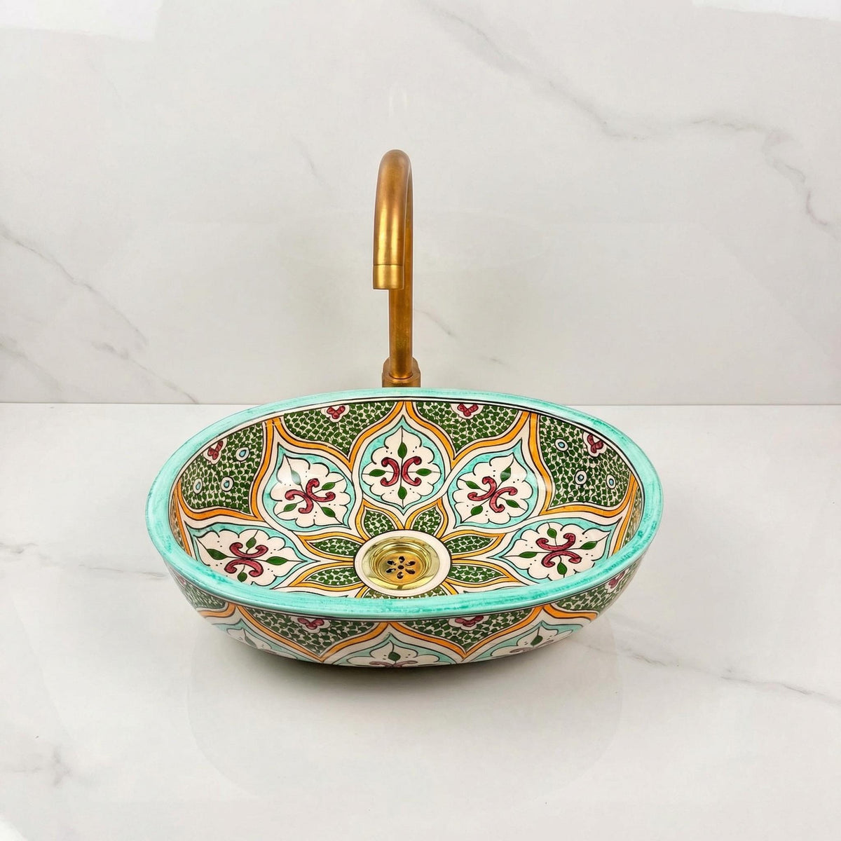 Ceramic Vessel Sink, Red Andalusian Oval 40cm, Brass Drain Incl.