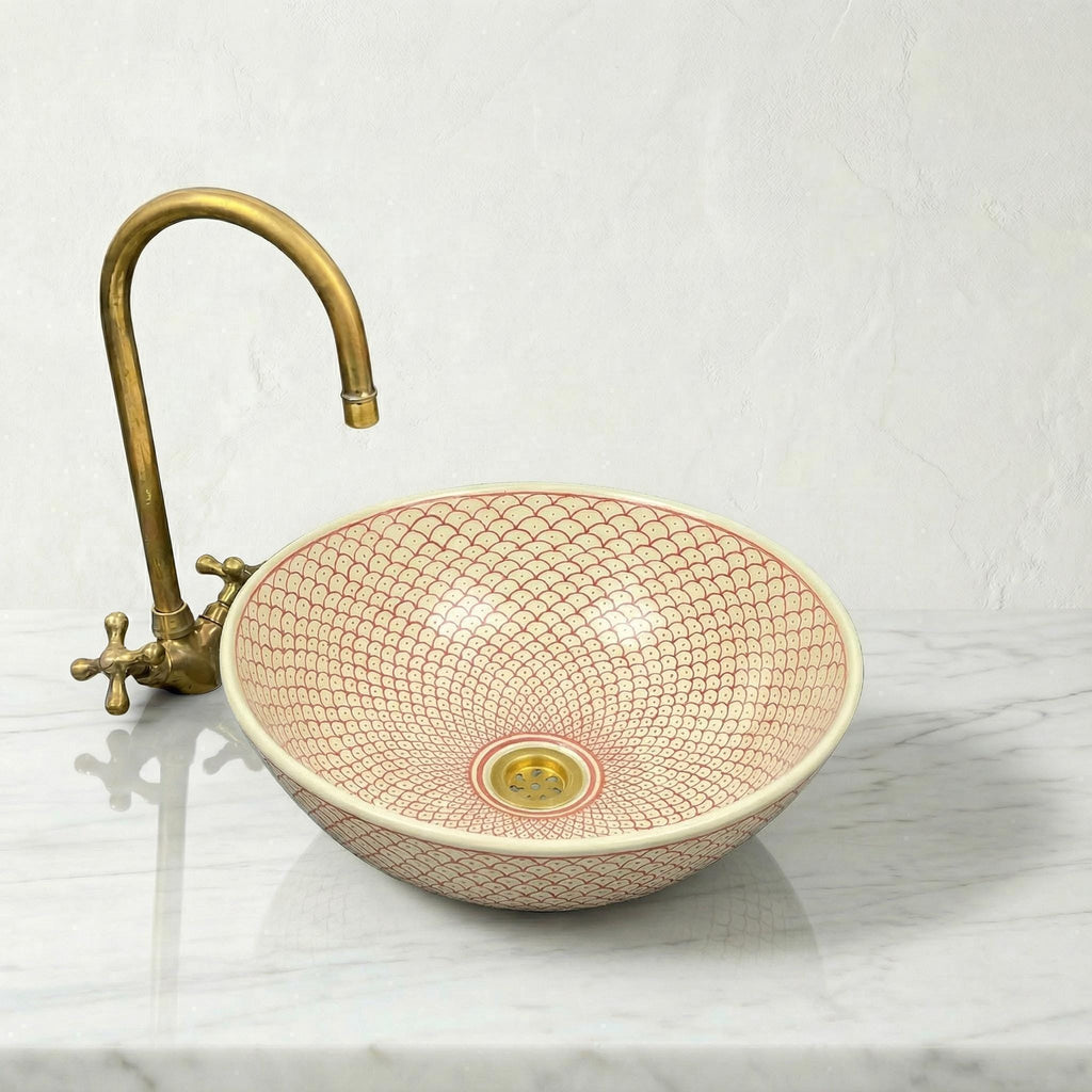 Moroccan Vessel Sink, Hand-Painted Burgundy Ceramic, 8-16" Round.