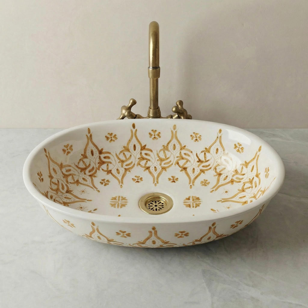 Ceramic Vessel Sink' Navy Oval Hand-Painted Fes, 40cm Small Vanity
