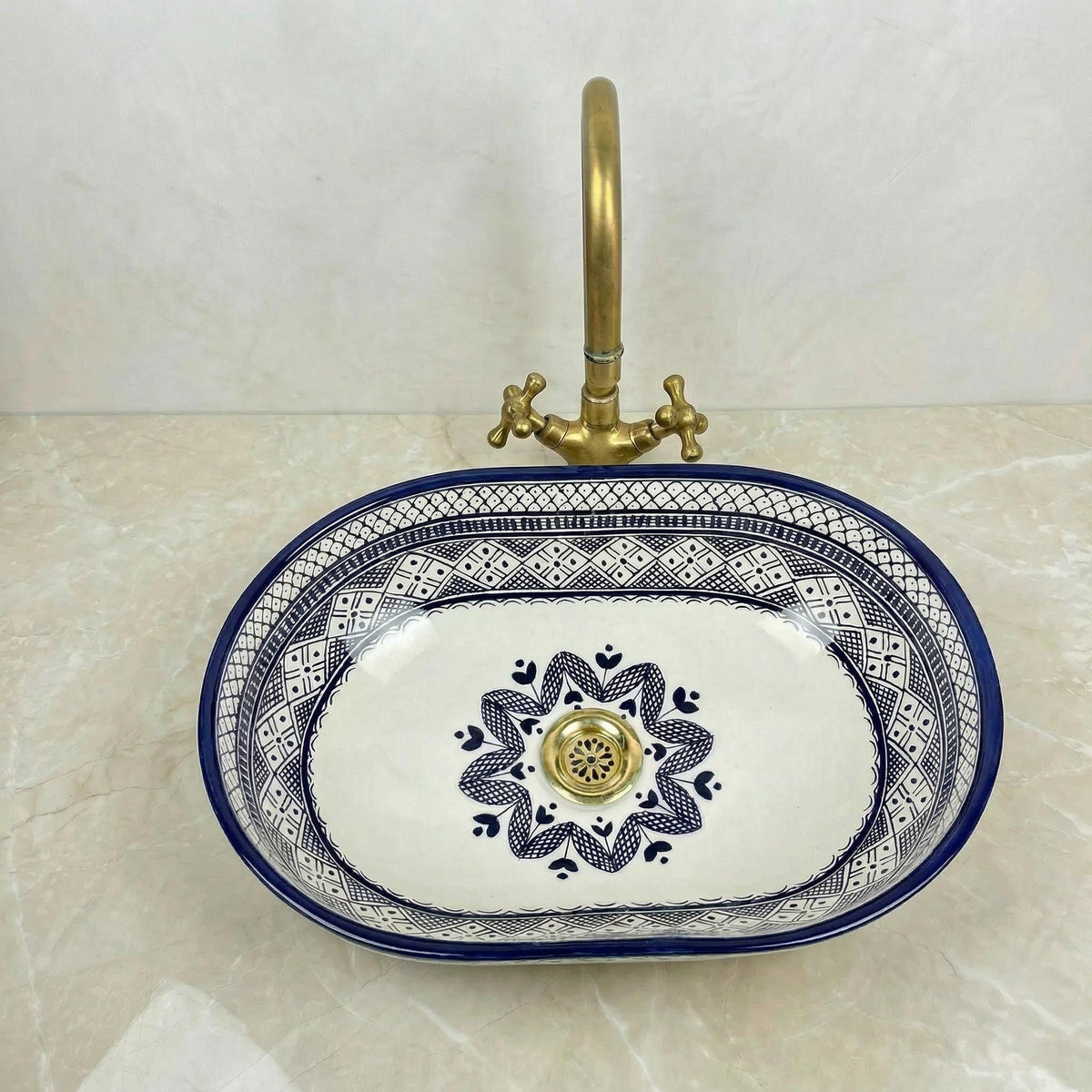 Moroccan Ceramic Vessel Sink, Oval Green Fishscale, Free Drain