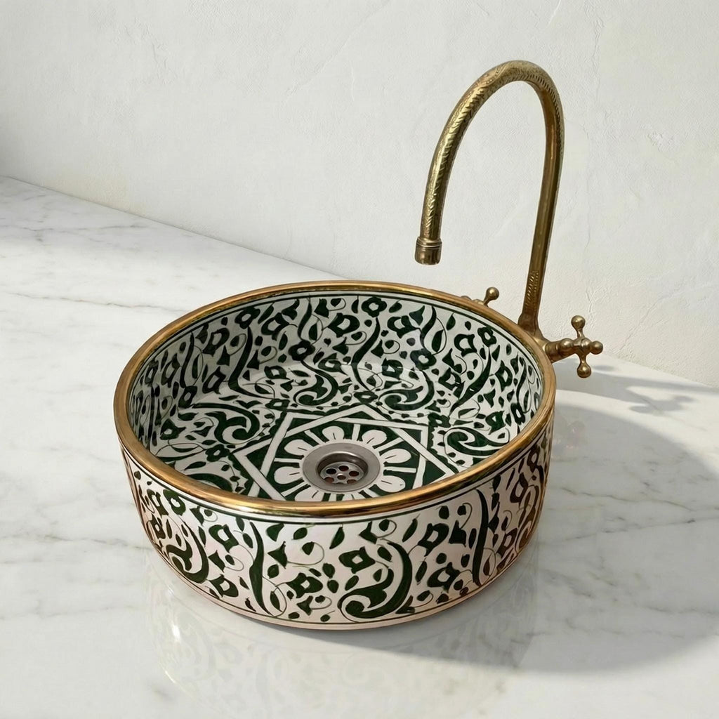 Moroccan Vessel Sink, Emerald Green Oval Ceramic 3.5" Brass Drain