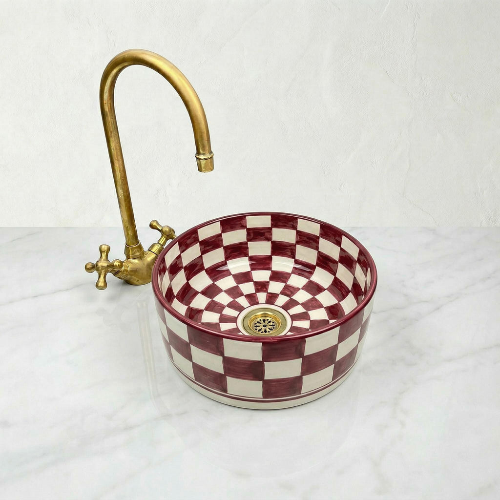 Moroccan Ceramic Vessel Sink, Burgundy Checkered 12" Brass Drains