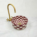 Moroccan Ceramic Vessel Sink, Burgundy Checkered 12" Brass Drains