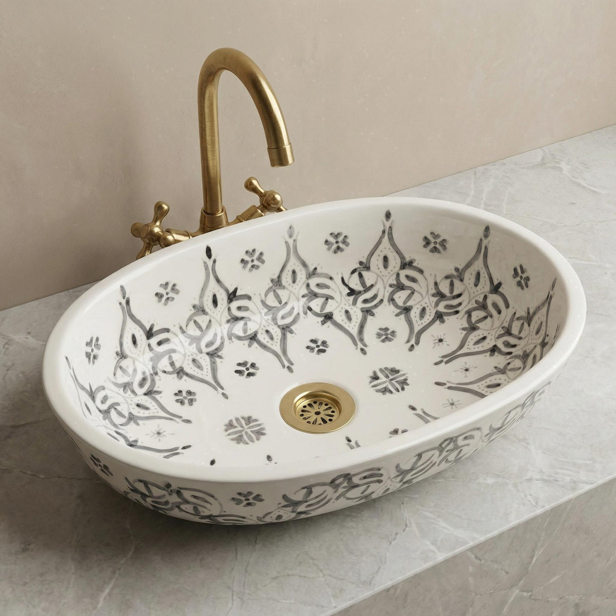 Ceramic Vessel Sink' Cobalt Oval 40cm Porcelain Basin BrassDrain