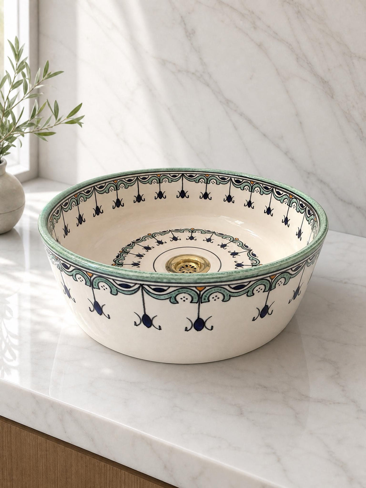 Moroccan Vessel Sink, Handmade Ceramic Sage Green, Brass Drain