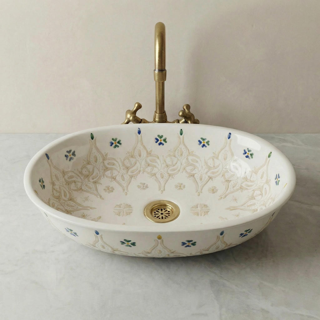 Ceramic Vessel Sink' Navy Oval Hand-Painted Fes, 40cm Small Vanity