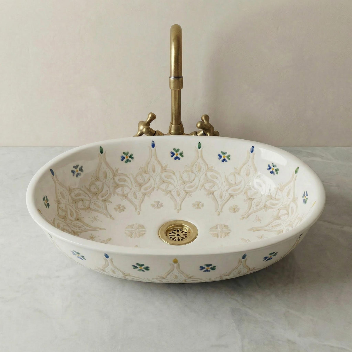 Ceramic Vessel Sink' Navy Oval Hand-Painted Fes, 40cm Small Vanity