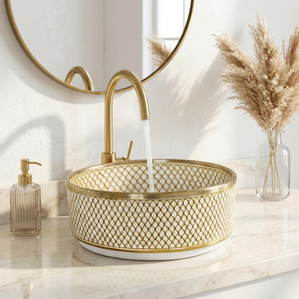 Gold Rim Vessel, Handmade Yellow Ceramic Oval Vanity Sink, 8-16".