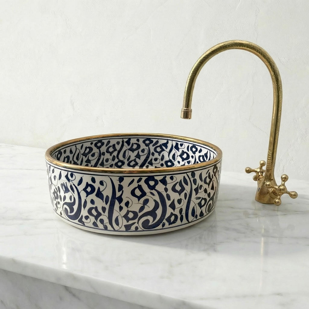 Moroccan Vessel Sink, Emerald Green Oval Ceramic 3.5" Brass Drain