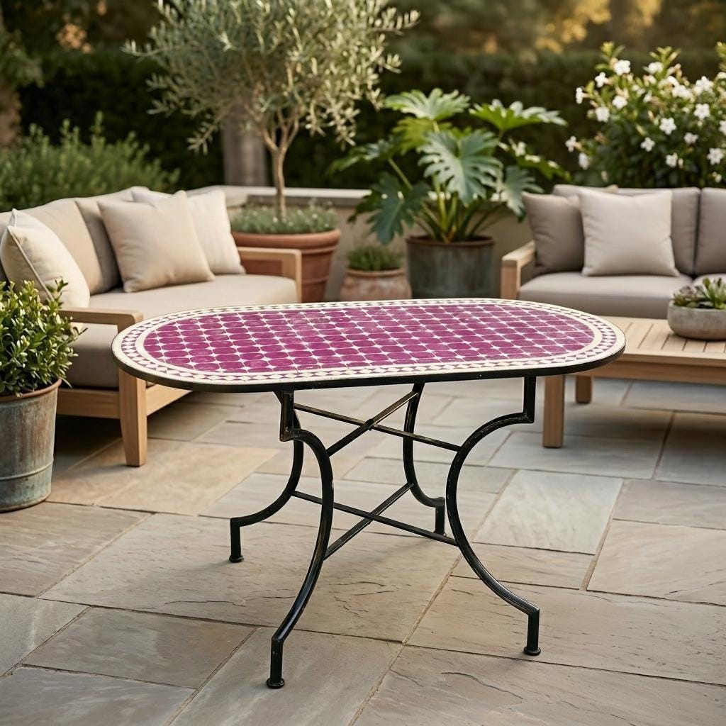 Moroccan Mosaic Table, Handmade Zellige Tile Top, Iron Legs, 36 In