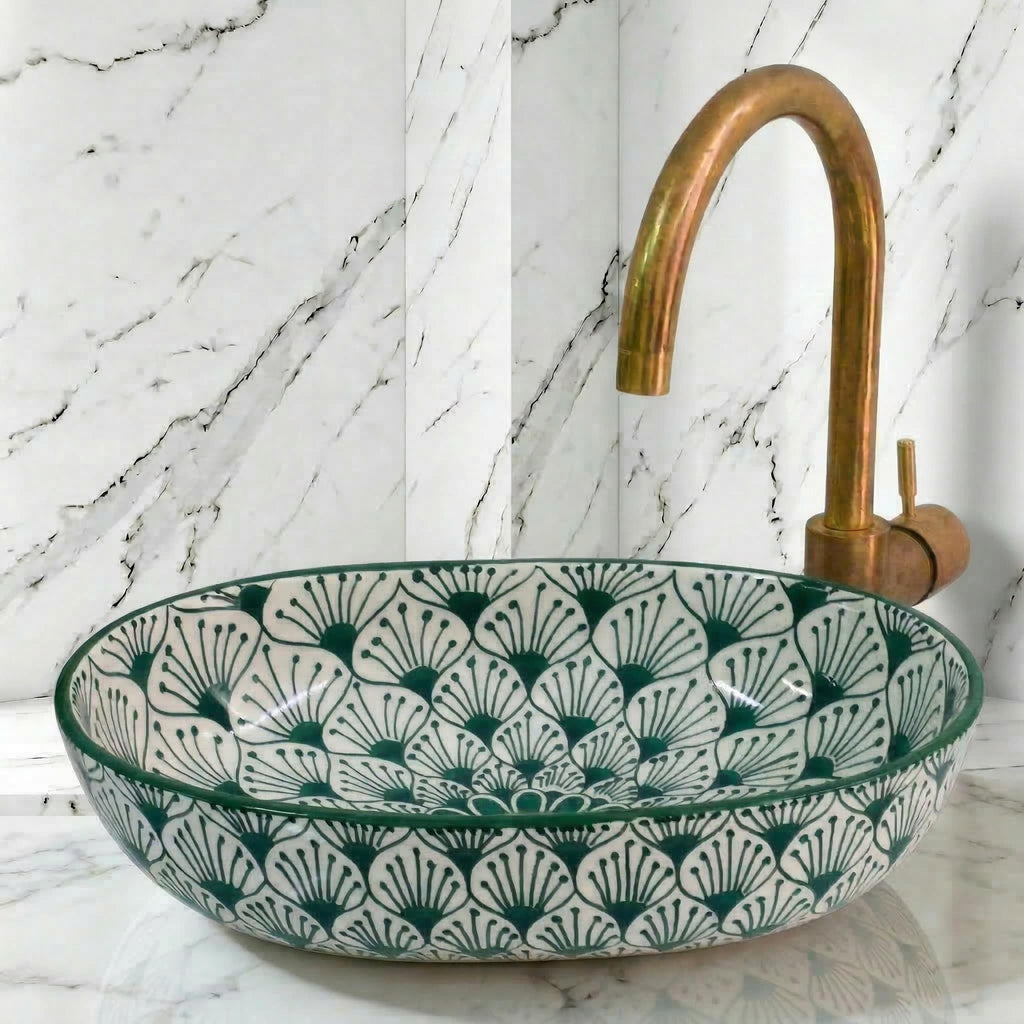 Moroccan vessel sink, Oval Ceramic 32-48 cm Emerald, Brass Drain