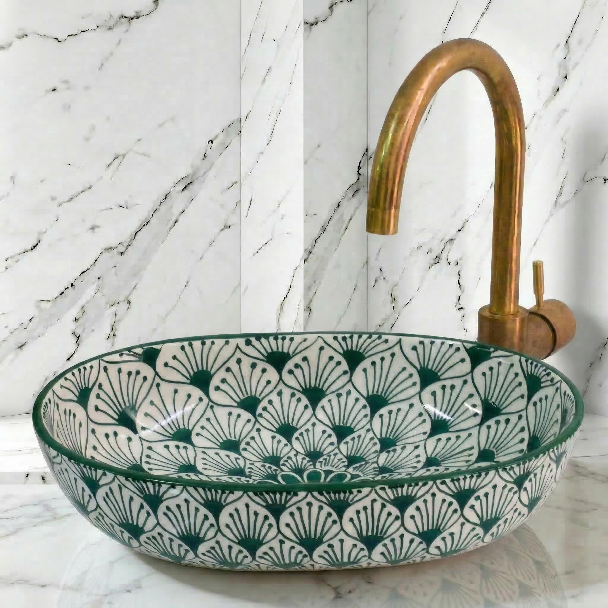 Moroccan vessel sink, Oval Ceramic 32-48 cm Emerald, Brass Drain