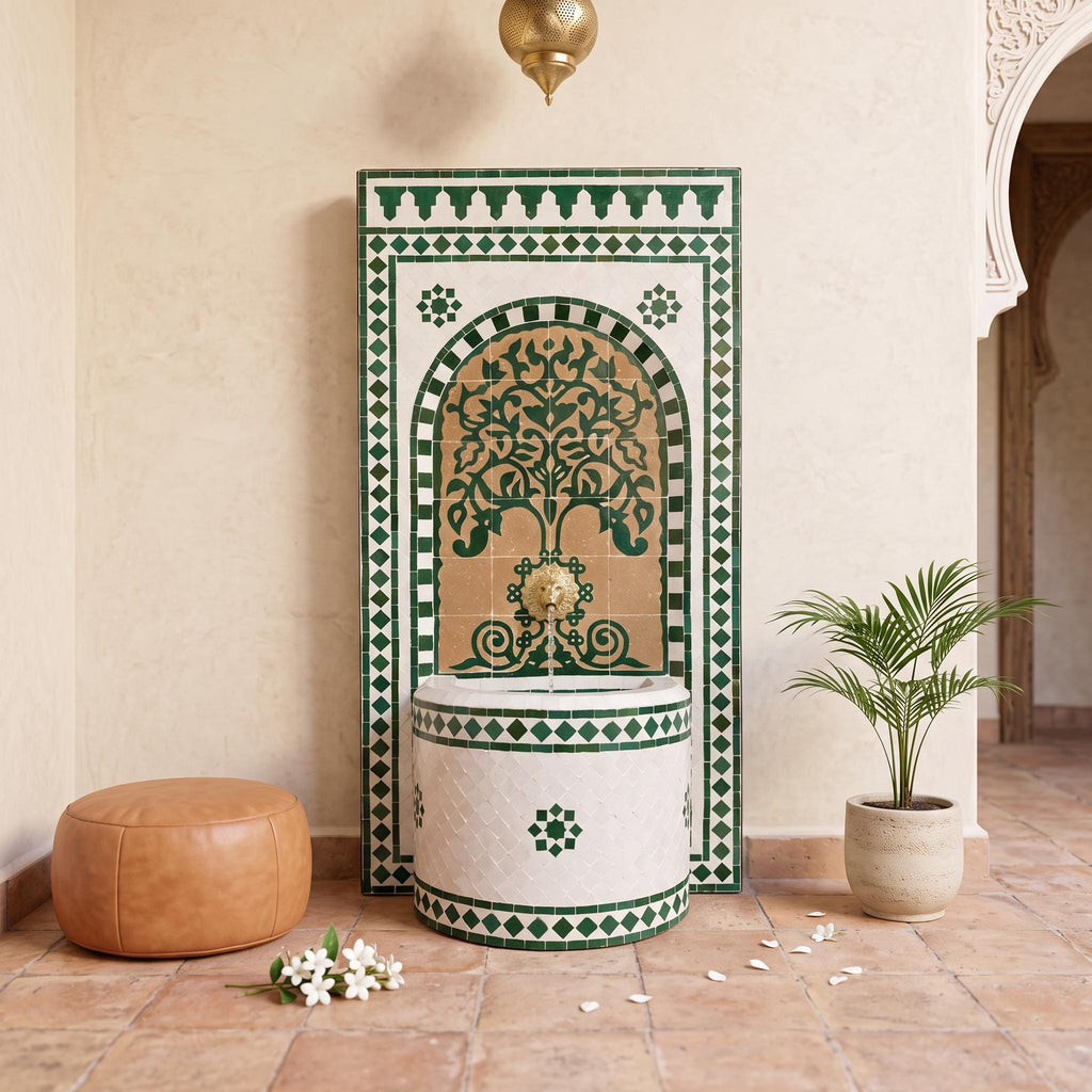 a decorative fountain with a tree-like design, surrounded by a tiled wall and a potted plant.
