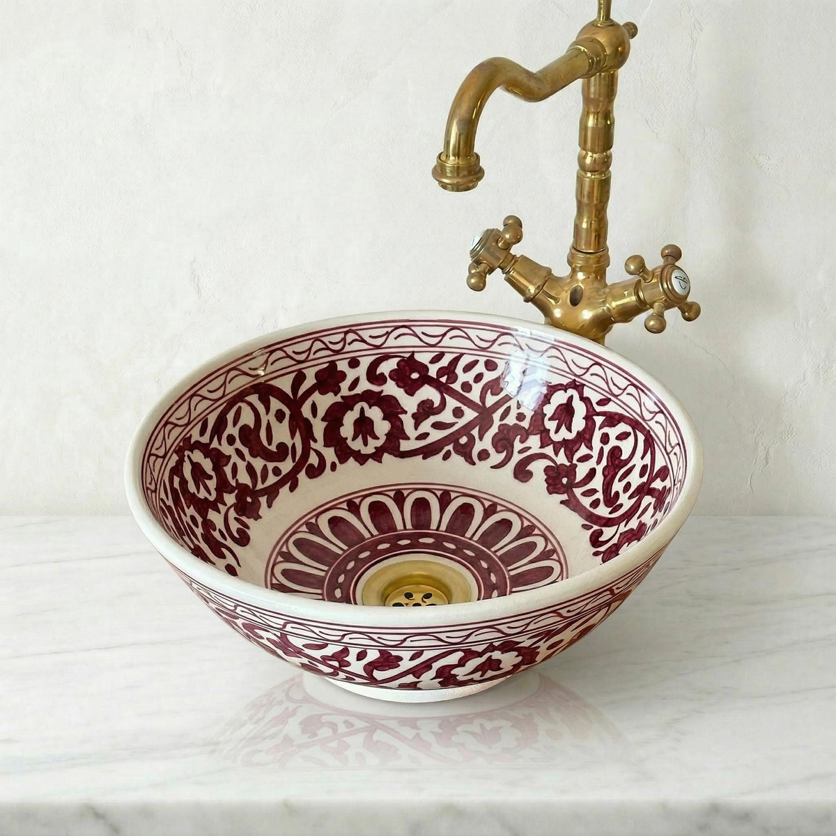 Ceramic Vessel Sink, Burgundy Hand-Painted Moroccan, 12" Diameter