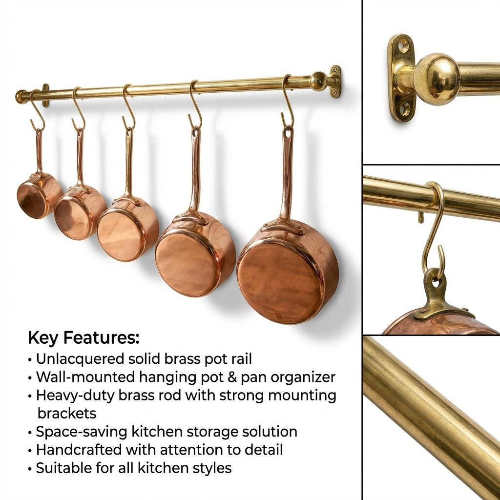 Brass Kitchen Pot Rail Twisted Unlacquered Brass Rod 1/2 In Hooks