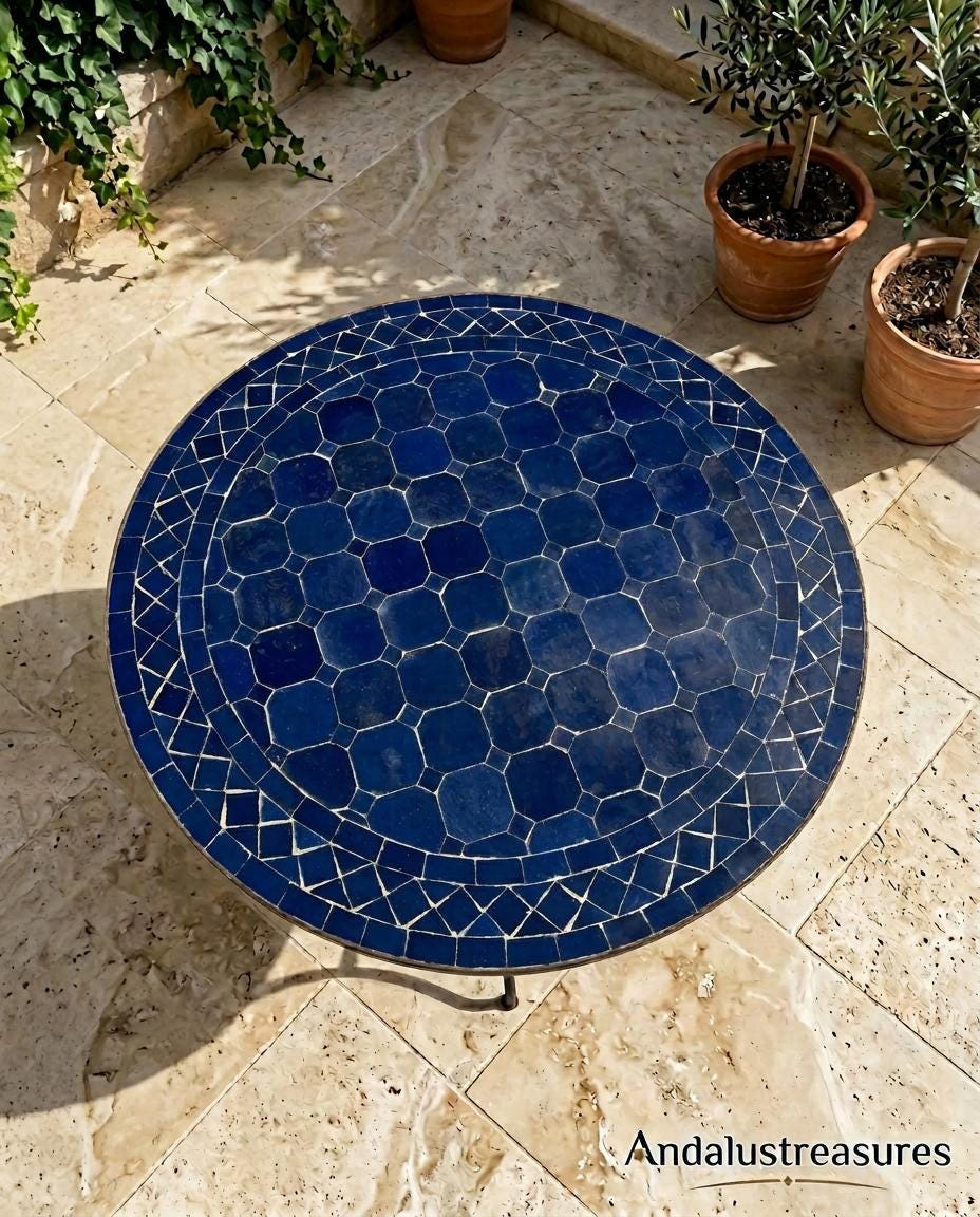 Moroccan Mosaic Side Table, Handcut Zellige Tile Top, 12-48 In Lg