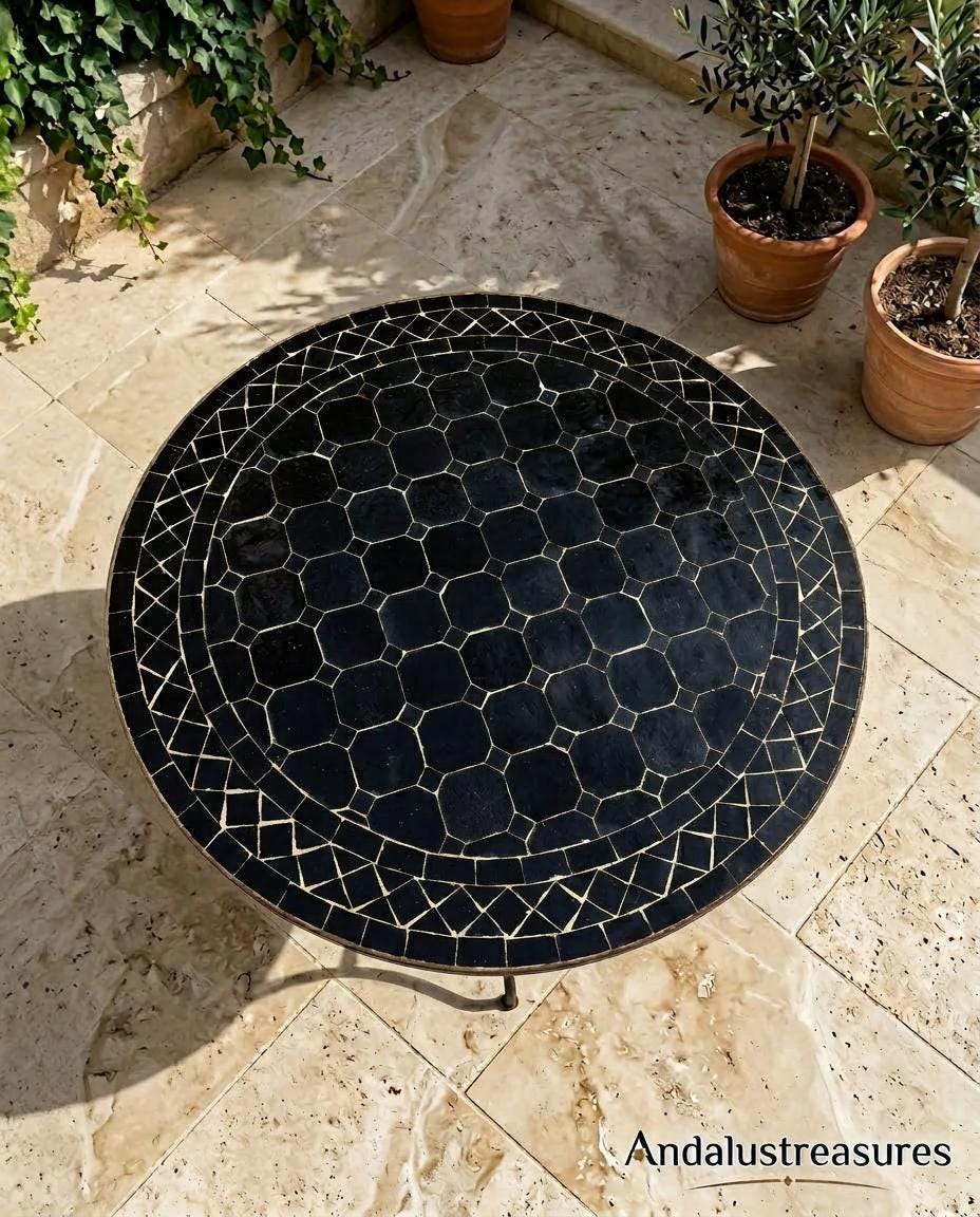 Moroccan Mosaic Side Table, Handcut Zellige Tile Top, 12-48 In Lg
