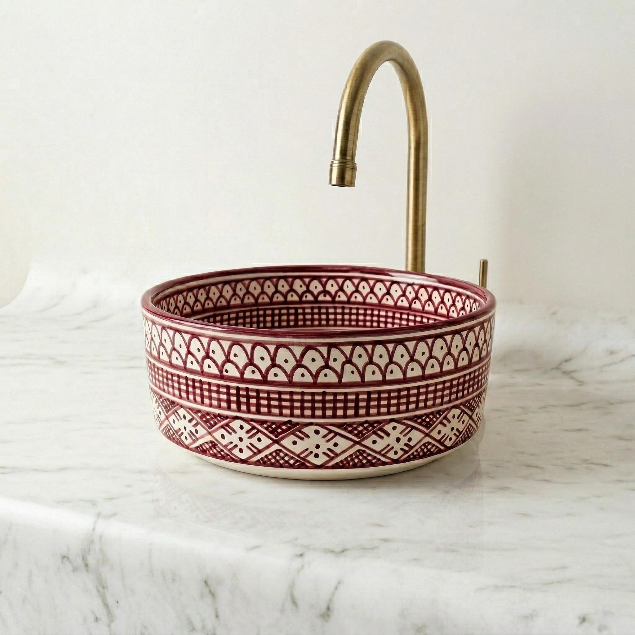 Moroccan Ceramic Vessel Sink, Ruby Red Checkered - 8–16" Diameter