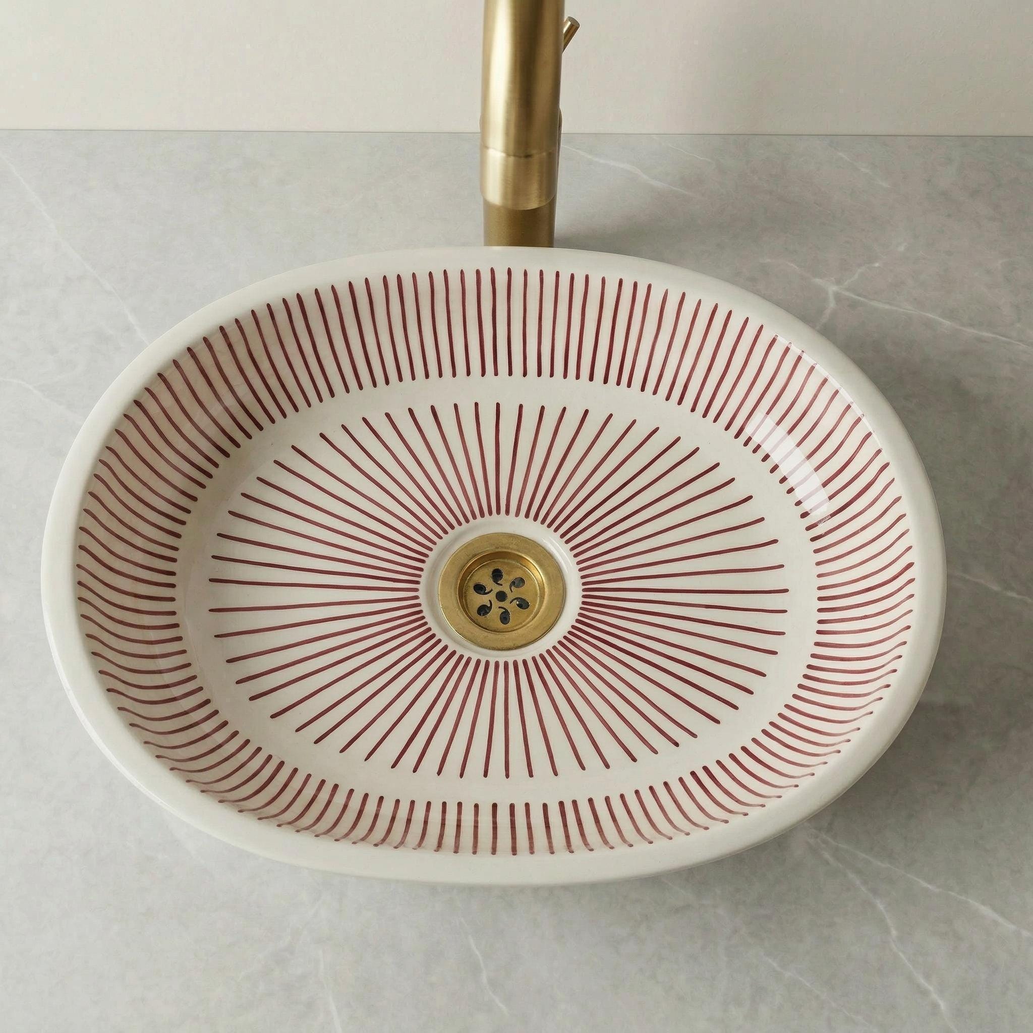 Moroccan Ceramic Sink, Orange Zellige Oval Basin 40Cm Brass Drain