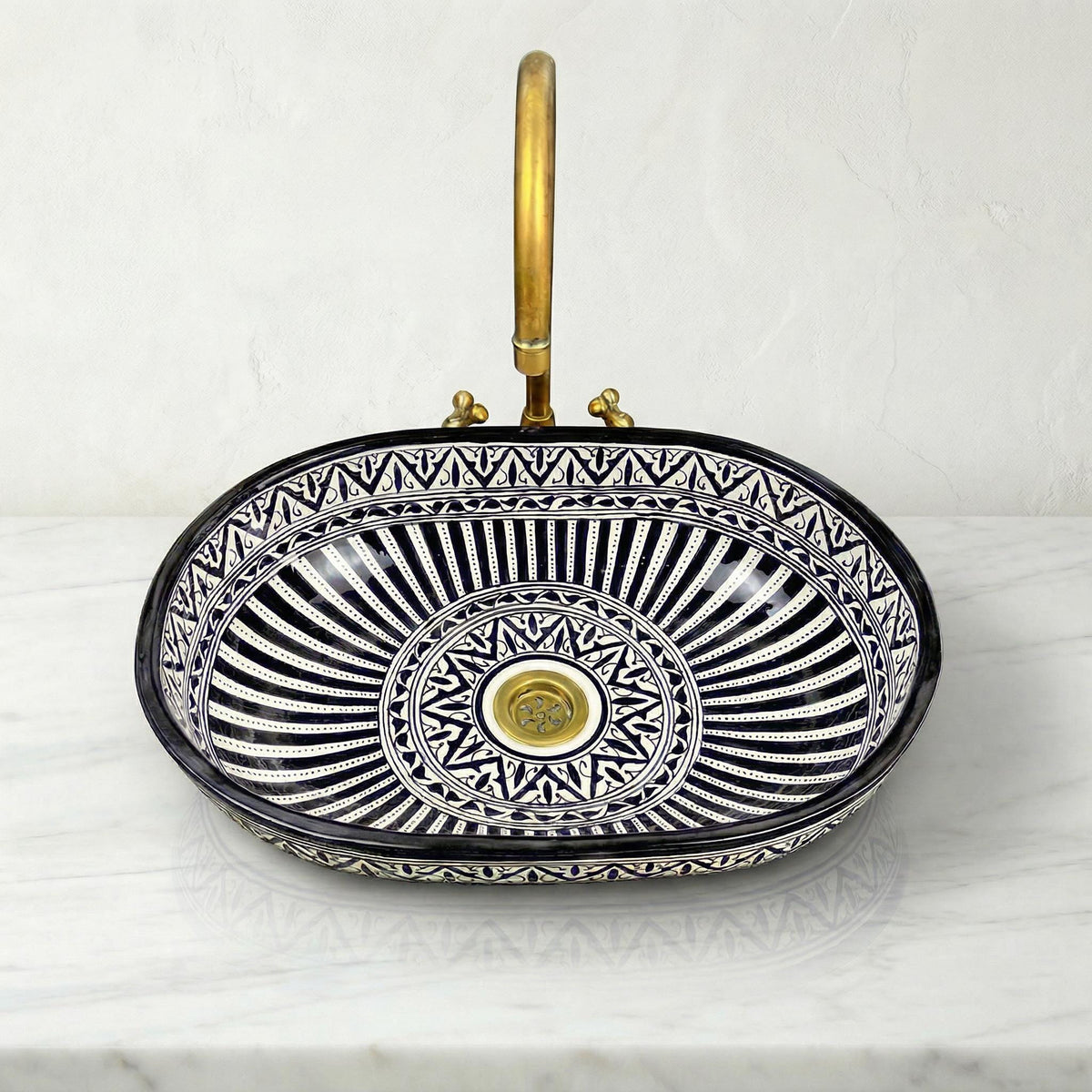 Moroccan Ceramic Sink Oval Porcelain Vessel 40cm With Brass Drain