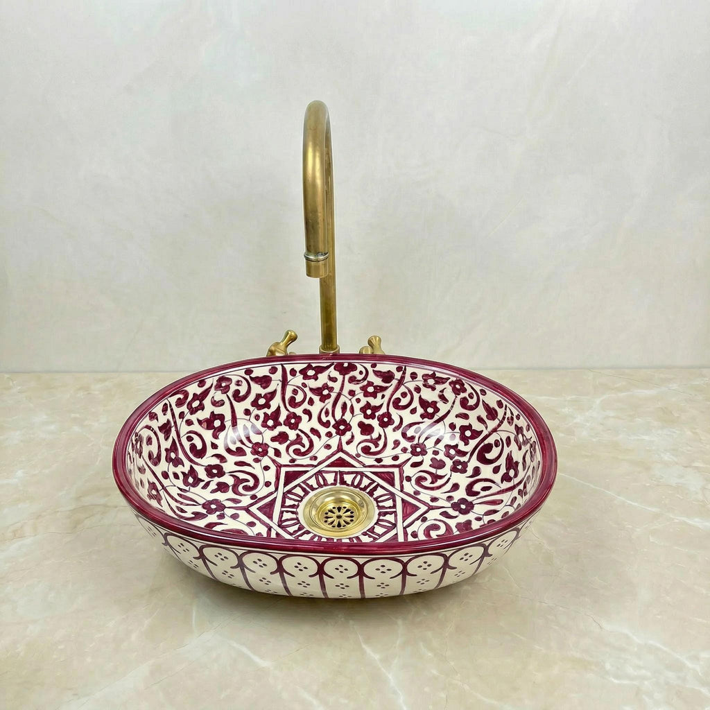 Handmade Moroccan Vessel Sink Oval Sage-Green, Brass Flower Drain