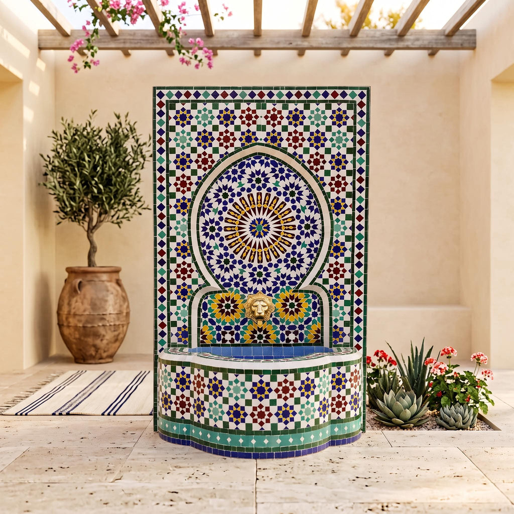 a colorful mosaic fountain with a circular design and a sunburst motif, surrounded by potted plants and a wooden pergola.