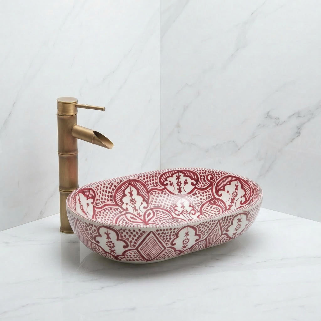 moroccan ceramic vessel sink, Sage Oval Handmade 38cm Brass Drain