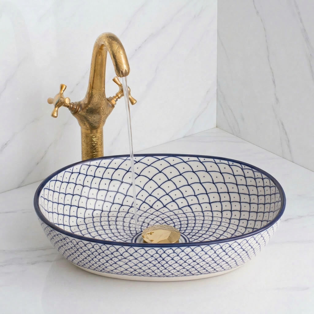 Moroccan Vessel Sink, Hand-Painted Green Oval Porcelain, 32-48 Cm.
