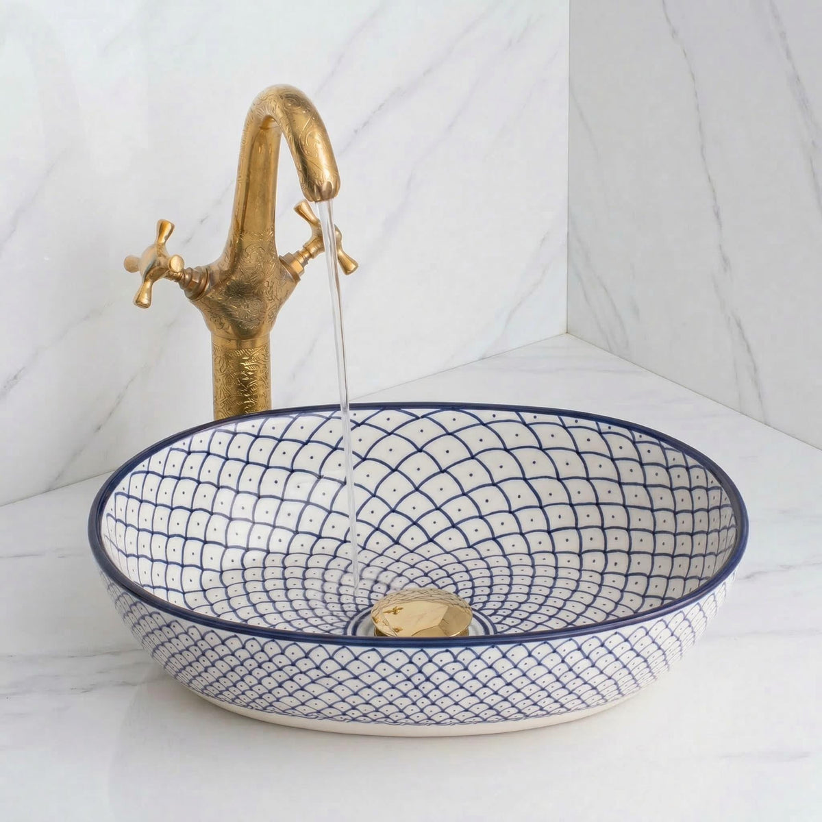 Moroccan Vessel Sink, Hand-Painted Green Oval Porcelain, 32-48 Cm.