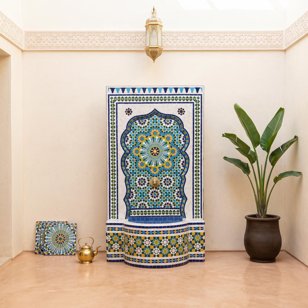 a decorative fountain with a blue and white mosaic design, a potted plant, and a small brass kettle on the floor.