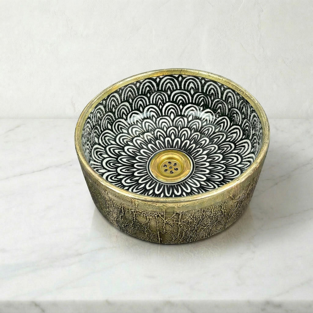 Moroccan Vessel Sink, Handcrafted Black Glazed Basin Brass Collar