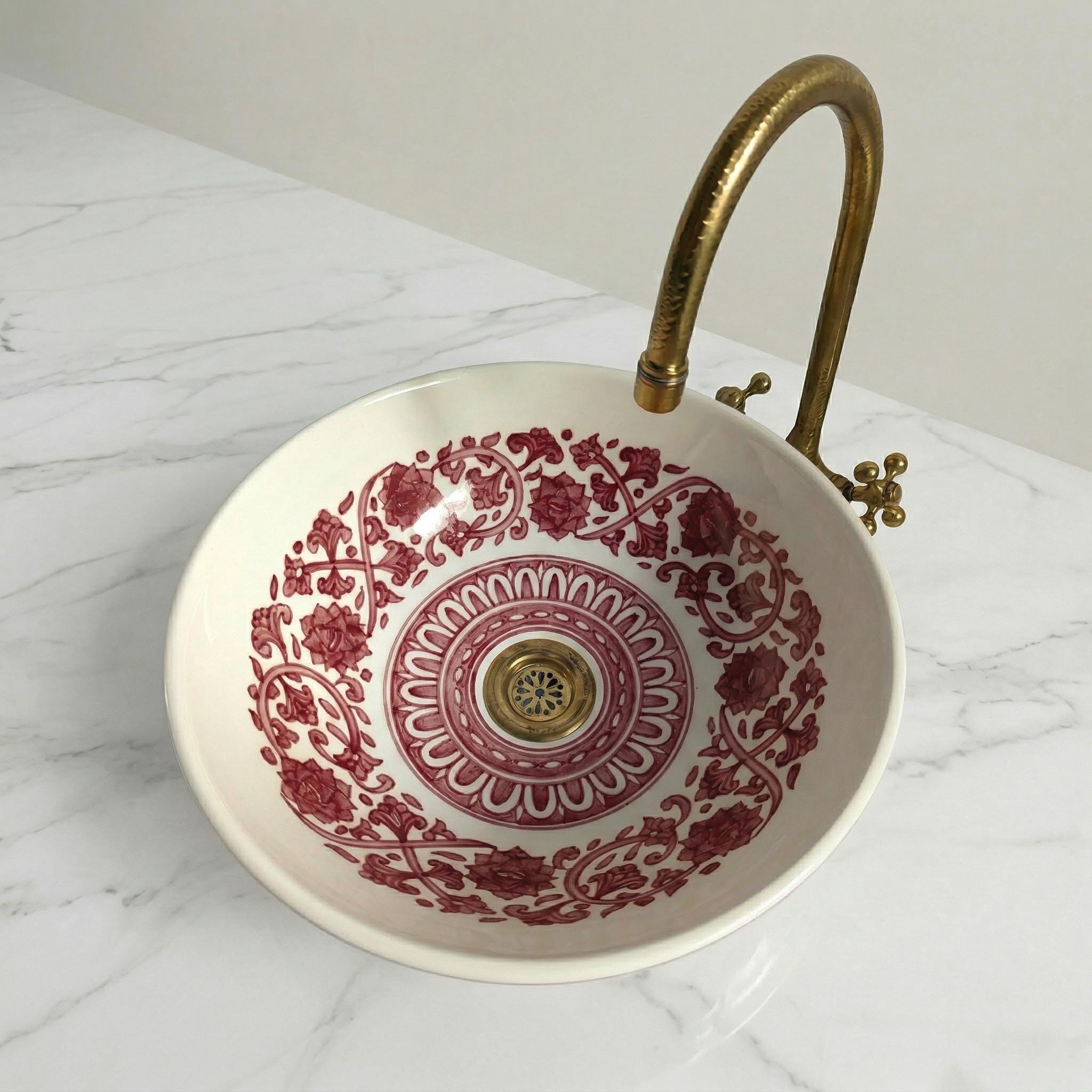 Ceramic Vessel Sink, Moroccan Ruby Red Handmade, 8"–16" Dia Basin