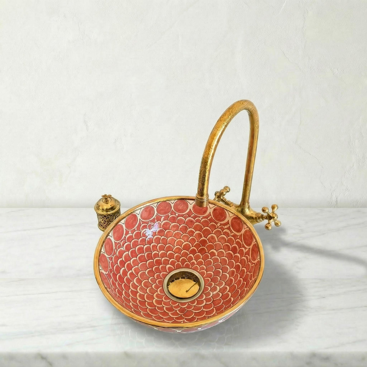 Moroccan Vessel Sink, Coral Pink Porcelain Basin, 14Kt Gold Rims.