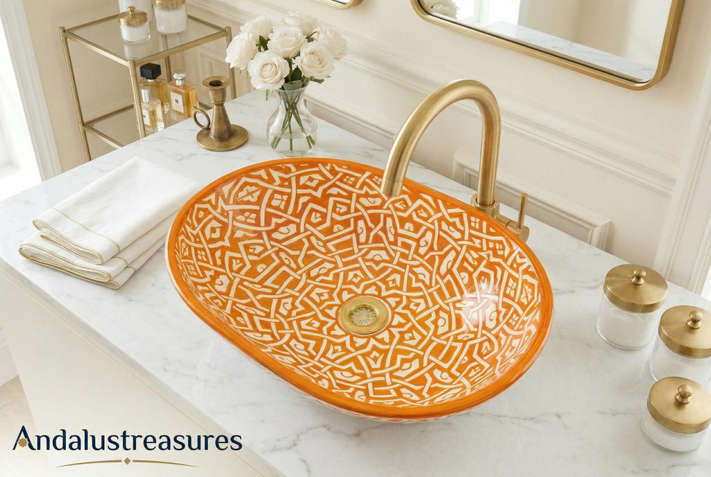 Green Moroccan Vessel Sink, Handcrafted Oval Porcelain Basin 40cm