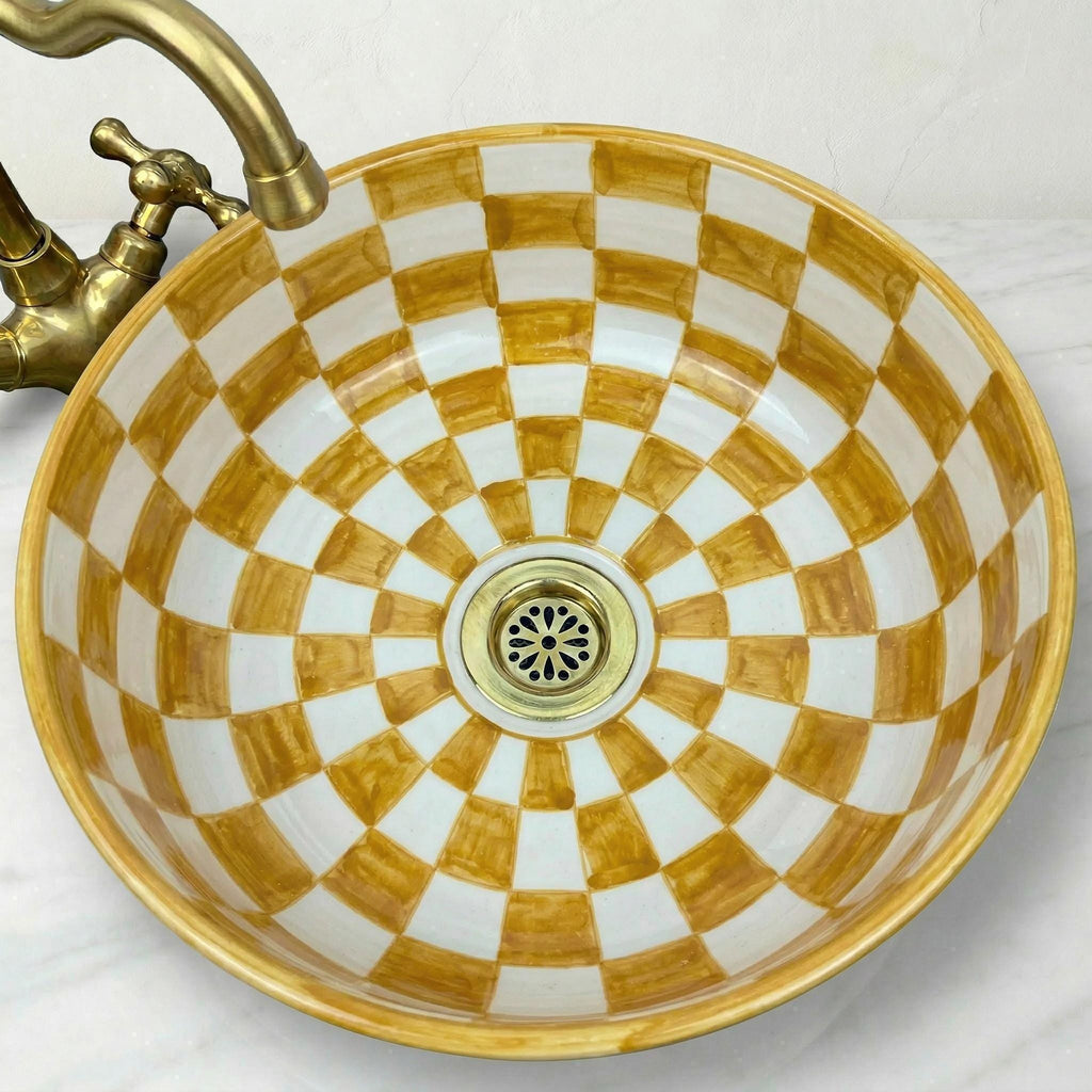 Moroccan Vessel Sink, Ruby Red Checkered Ceramic Basin, 8"-16"Dia