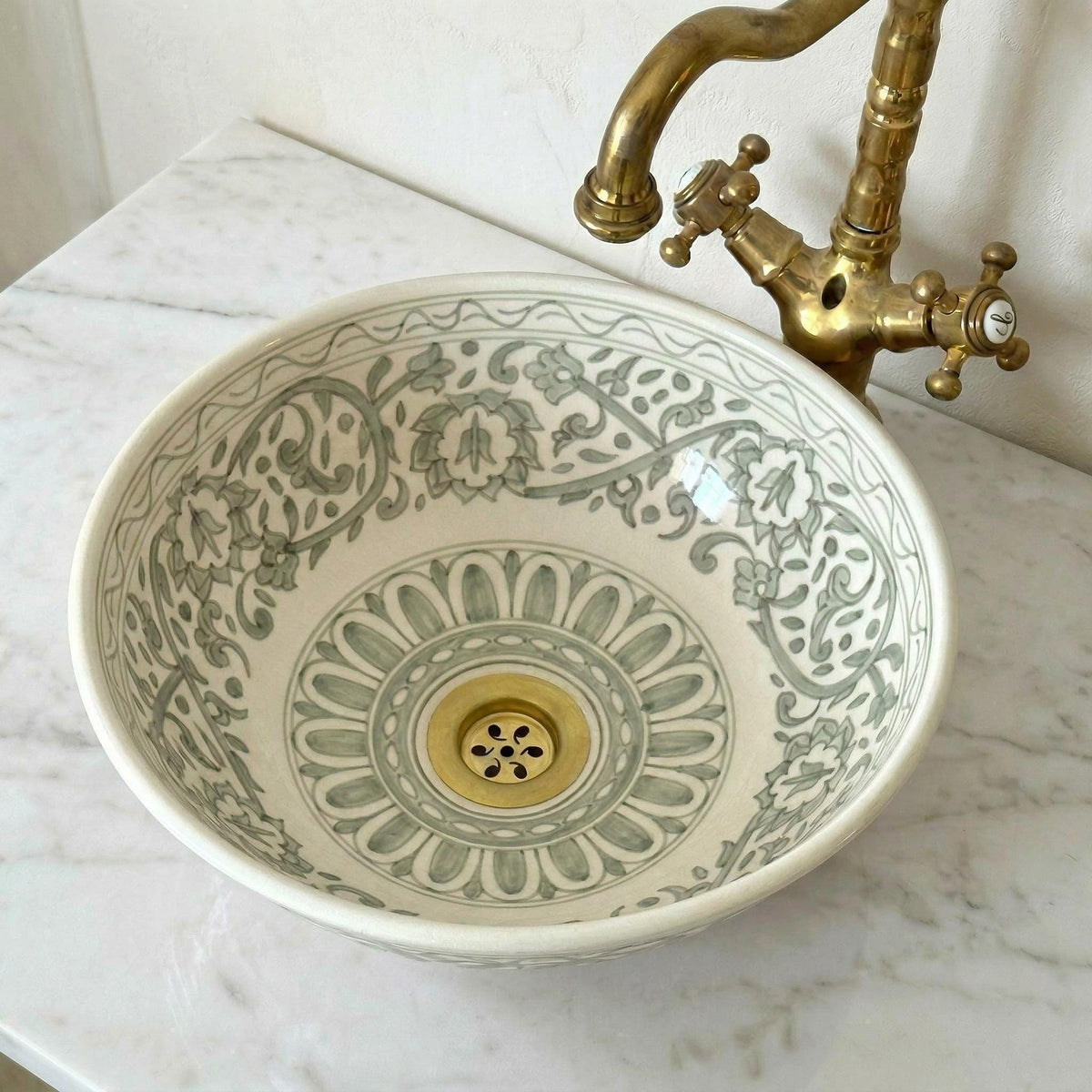 Ceramic Vessel Sink, Burgundy Hand-Painted Moroccan, 12" Diameter