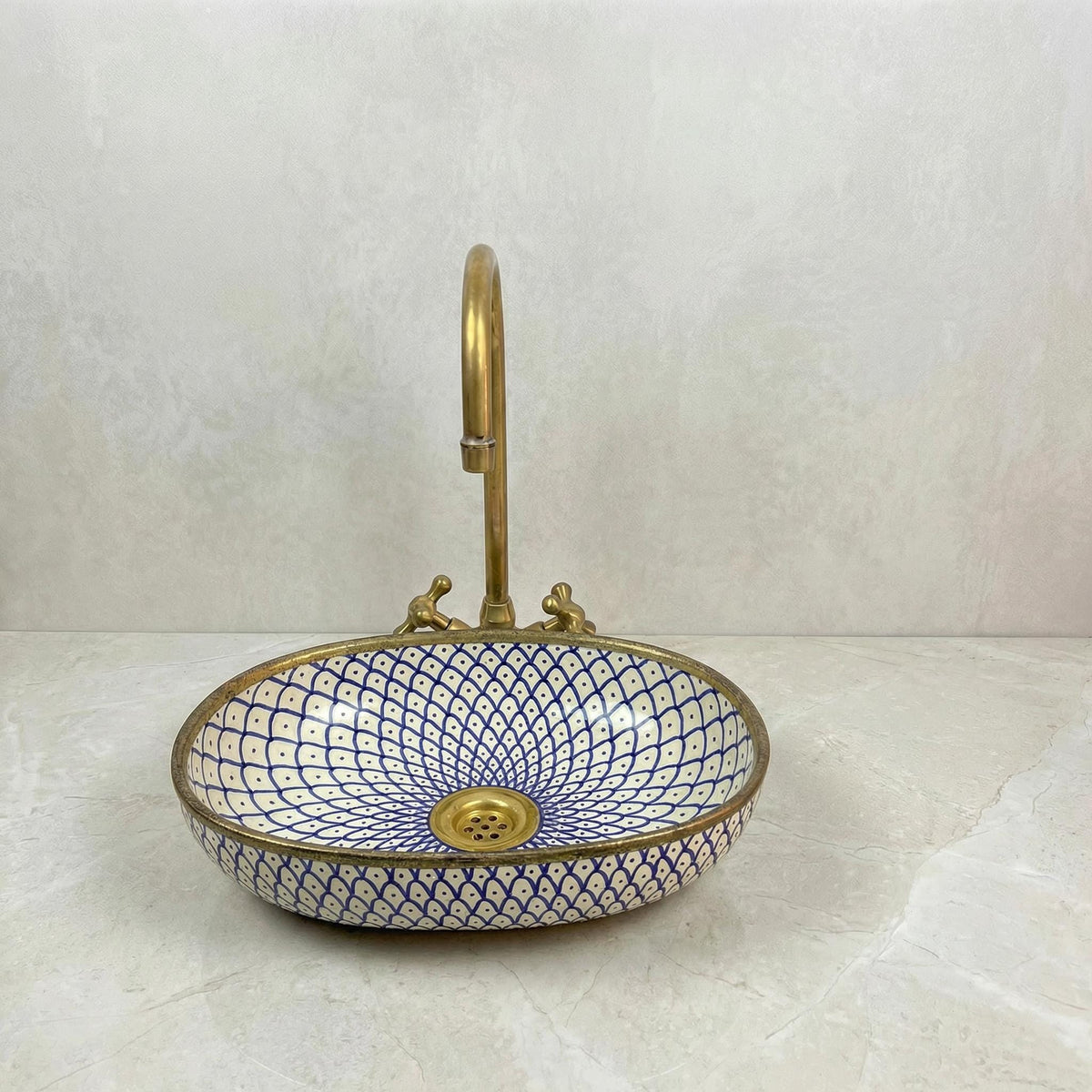 Oval Vessel Bath Sink, Hand-Made Porcelain Moroccan, Glossy 16x12