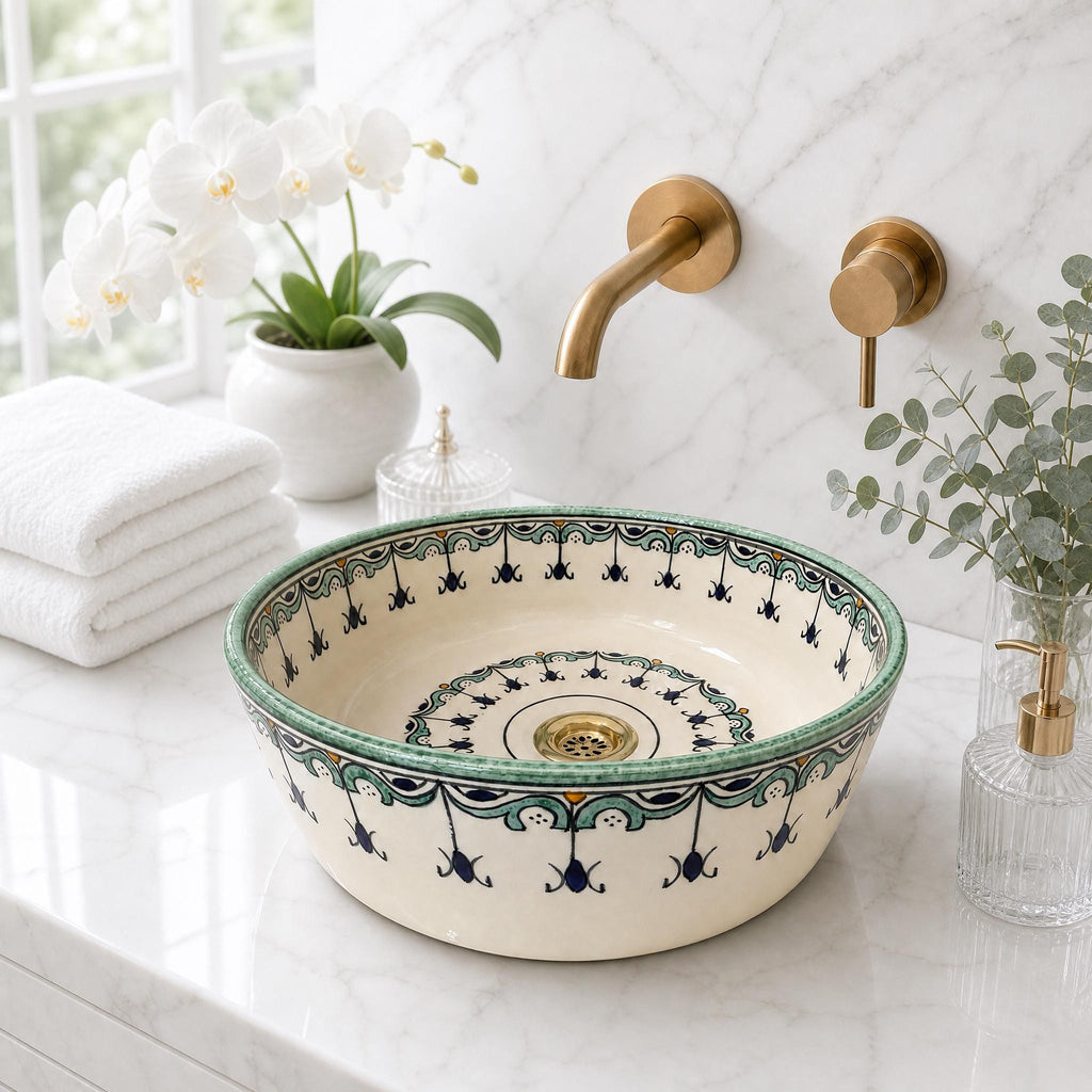 Moroccan Vessel Sink, Handmade Ceramic Sage Green, Brass Drain
